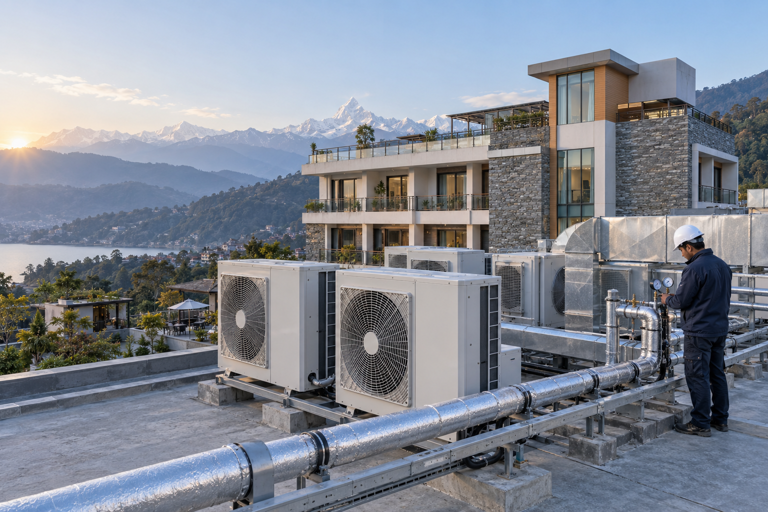 Illustrative rooftop HVAC at a Nepal hill-region building