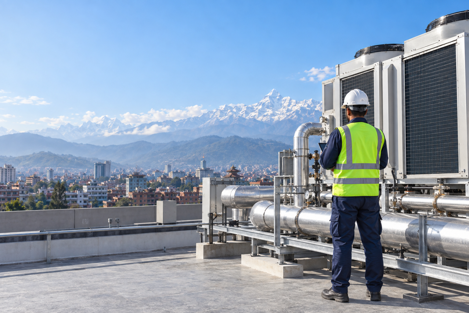 Illustrative HVAC technician inspecting rooftop equipment in Nepal