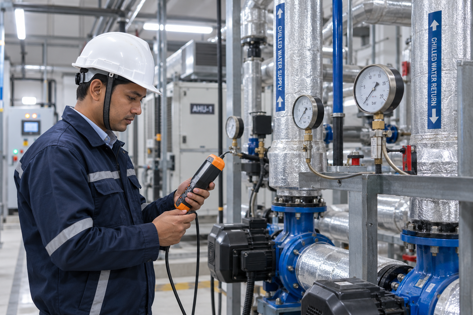 Illustrative engineer inspecting indoor HVAC equipment